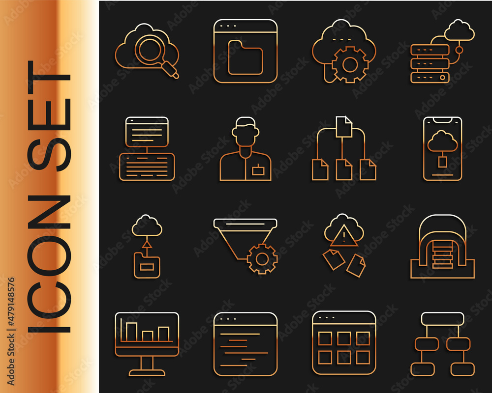 Aufkleber set line hierarchy organogram chart, hangar with servers, cloud technology data transfer, analyst en