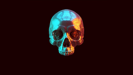 Fototapeta Skull Human Silver Reflection Blue Red Light Sci Fi Halloween Skeleton 3d illustration render obraz
