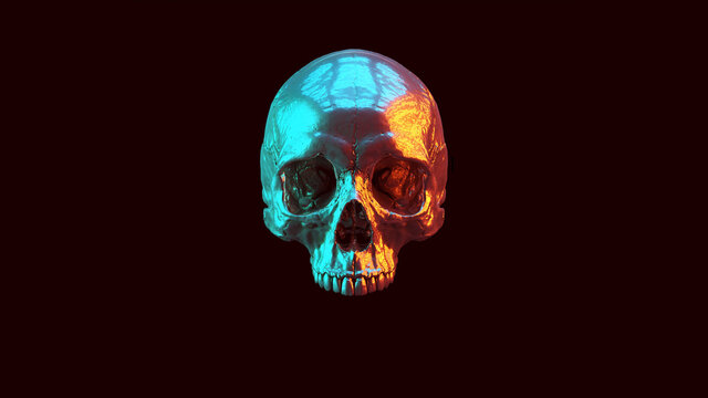 Skull Human Silver Reflection Blue Red Light Sci Fi Halloween Skeleton 3d illustration render