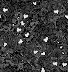 Beautiful decorative vector seamless pattern with hearts, ornamental lines