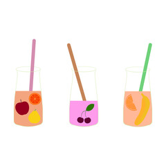 Smoothie party. Set of smoothies or fresh juice in glass jars with fruits. Collection of hand drawn glass bottles with summer cocktails. Concept for healthy food menu bar.