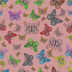 Seamless pattern with interesting doodles on colorfil background. Raster illustration.