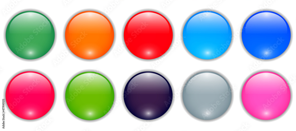 Aufkleber shiny buttons set, glossy circle icons multicolored collection, 3d vector illustration.