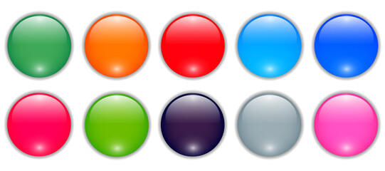 Shiny buttons set, glossy circle icons multicolored collection, 3D vector illustration.