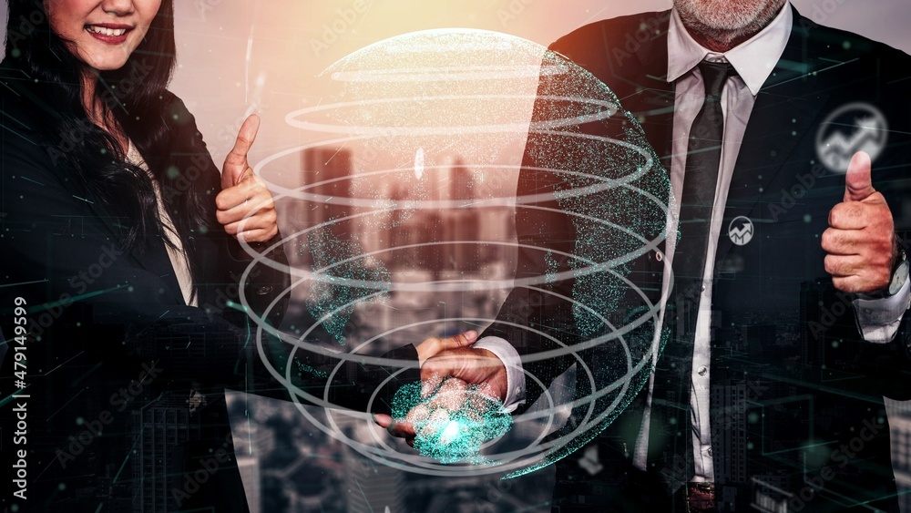 Poster conceptual business handshake with dashboard for financial data analysis . 3d render computer graphi
