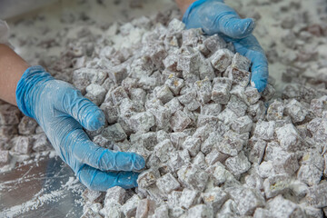 Turkish delight factory. Production of double roasted Turkish delight. confectionery factory....