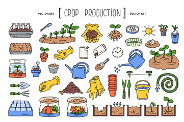 Vector hand drawn set on the theme of crop production, agriculture, farming, gardening, planting. Isolated colorful cartoon doodles for use in design