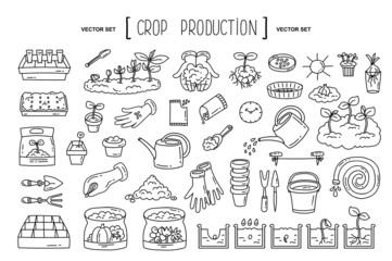 Vector hand drawn set on the theme of crop production, agriculture, farming, gardening, planting. Isolated doodles, line icons for use in design - 479150344
