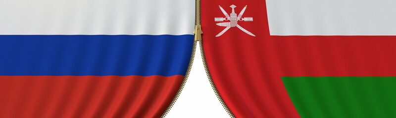 Fototapeta premium Russia and Oman political cooperation or conflict, flags and closing or opening zipper, conceptual 3D rendering