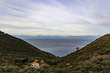View over Colle d' orano village on Elba island in Italy and the sea in the morning