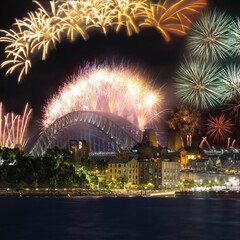 Sydney city harbour bridge illuminated with vivid colours from NYE New Years Eve fireworks NSW...
