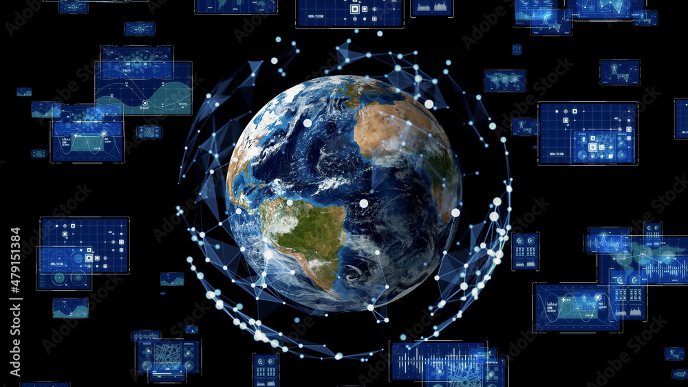 Fototapete Global communication network concept. Digital transformation. DX. Elements of this image furnished by NASA. 3D rendering.