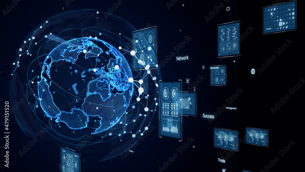 Poster Global communication network concept. Data analysis. Digital transformation.