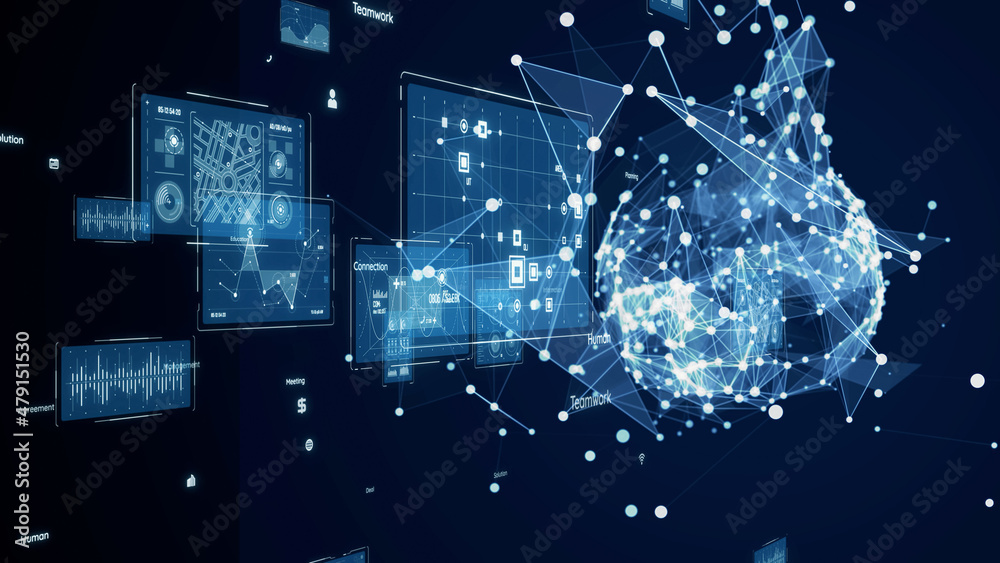 Poster Communication network concept. Data analysis. Search engine optimization.
