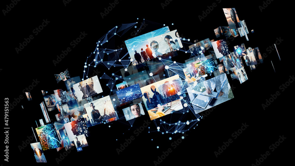 Poster Digital contents concept. Social networking service. Streaming video. communication network. 