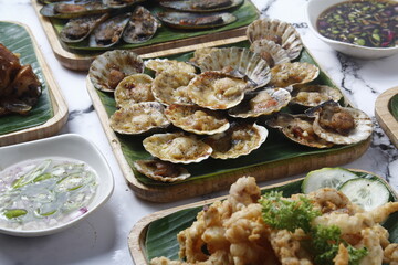 Freshly cooked baked scallops