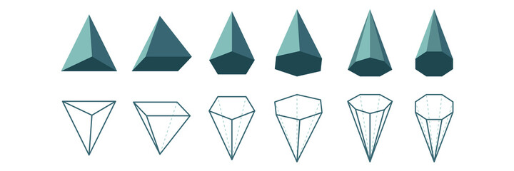 Pyramid types set. Math geometric figurs. 3d and line icon. Polyhedron.Triangular Rectangular Pentagonal Hexagonal Heptagonal Octagonal polygonal pyramid. Vector illustration - obrazy, fototapety, plakaty