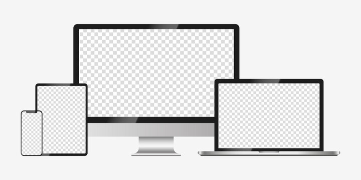 Realistic mockups computer, laptop, tablet and smartphone on an isolated background. Device screen mockup collection. Empty screen mock-up, silver design. Vector EPS 10