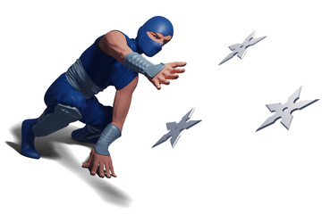 Ninja throwing shurikens on white background 3d illustration