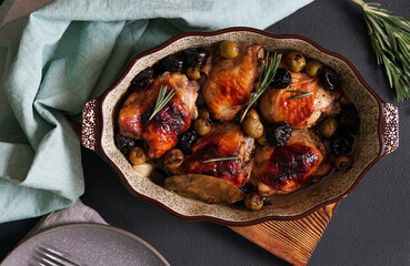 dish with chicken marbella with olives, prunes and vine clouse up, top view © Taborisova