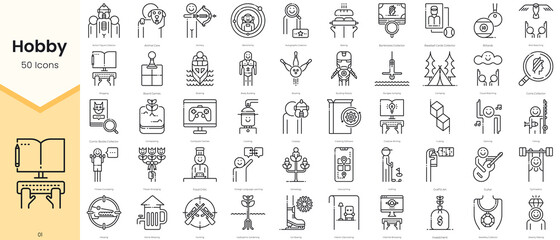 Simple Outline Set of Hobby Icons. Thin Line Collection contains such Icons as animal care, archery, astronomy, autographs collector, baking and more