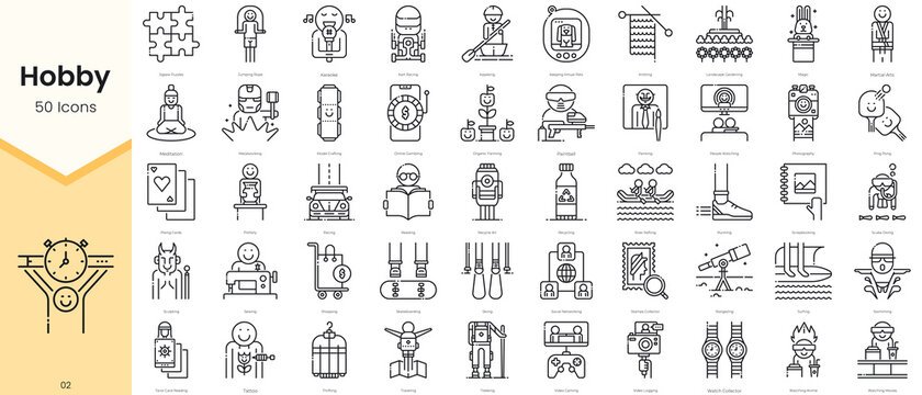 Simple Outline Set of Hobby Icons. Thin Line Collection contains such Icons as jigsaw puzzles, jumping rope, karaoke, kart racing, kayaking and more