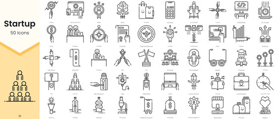 Naklejka na ściany i meble Simple Outline Set of Startup Icons. Thin Line Collection contains such Icons as analysis, apps development, award, badge, brain, branding, calculator and more