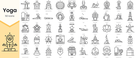 Simple Outline Set of Yoga Icons. Thin Line Collection contains such Icons as meditation, mindfulness, lotus, chakra, candles, cobra, triangle, and more