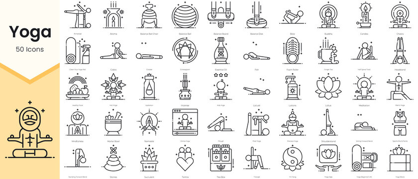 Simple Outline Set of Yoga Icons. Thin Line Collection contains such Icons as meditation, mindfulness, lotus, chakra, candles, cobra, triangle, and more