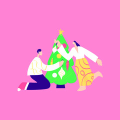 Couple Christmas Tree Decoration. Vector Illustration of Trendy Modern People.