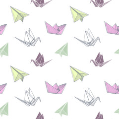 Seamless pattern template with origami plane, crane and boat