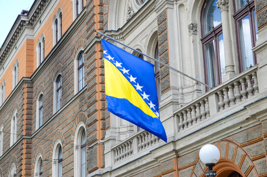 The Building Of The Presidency Of Bosnia And Herzegovina In Sarajevo. Flag Of Bosnia And Herzegovina. BiH.