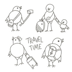 A set of hand drawn sktechy elements in cartoon style. Cute black and white birds with luggage at the airport on a white background. Doodle characters for coloring book.