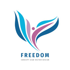 Freedom concept business logo design. Human with wings creative sign. Happiness positive wellness symbol. Vector illustration.
