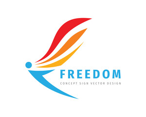 Freedom concept business logo design. Human with wings creative sign. Happiness positive wellness symbol. Vector illustration.