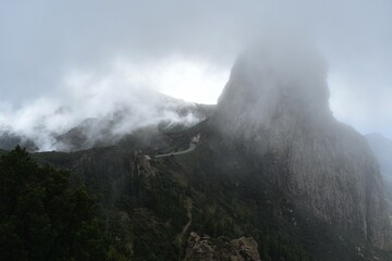 
View to the famous Roque Agando, on a foggy day, on the island of La Gomera, Canary Islands, Spain