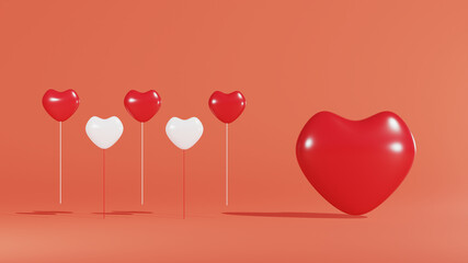 Fototapeta na wymiar heart balloon red and white on a orange background, Valentine's day, 3d rendering