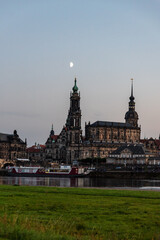 Fototapeta premium Dresden city skyline at Elbe River at sunset, Dresden, Saxony, Germany