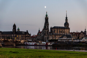 Dresden city skyline at Elbe River at sunset, Dresden, Saxony, Germany