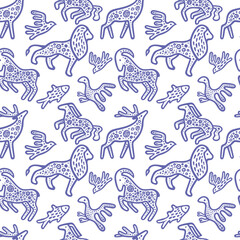Wild animals seamless pattern. Hand drawn animals abstract endless background. Simple drawing bird, fish, horse, lion and ram seamless texture. Part of set.