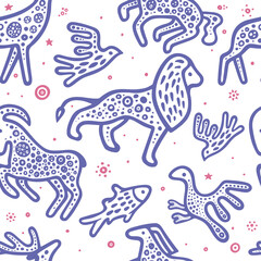 Wild animals seamless pattern. Hand drawn animals abstract endless background. Simple drawing bird, fish, horse, lion and ram seamless texture. Part of set.