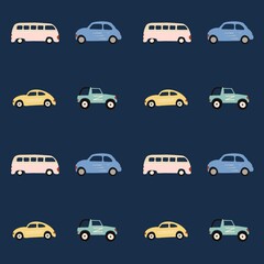 Seamless pattern with toy car. Print. Fabric. Boy’s toys. Automobile. Traffic, road, racing. Illustration 