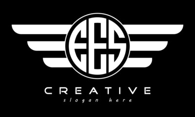 EES three letter monogram type circle letter logo with wings vector template.