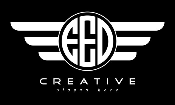 EEO three letter monogram type circle letter logo with wings vector template.