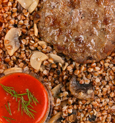 buckwheat with cutlet food for lunch or dinner healthy food closeup top view
