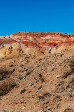 Mountain landscapes with beautiful views of red rocks and peaks in Altai