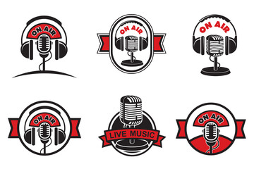 Fototapeta premium collection of retro microphone and headphones emblem isolated on white background