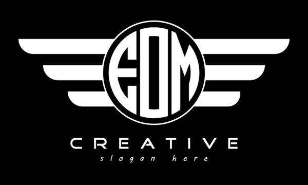 EOM three letter monogram type circle letter logo with wings vector template.