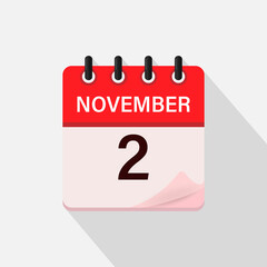 Fototapeta premium November 2, Calendar icon with shadow. Day, month. Flat vector illustration.