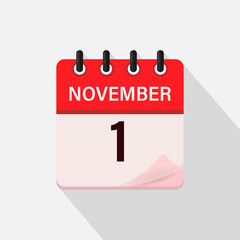 November 1, Calendar icon with shadow. Day, month. Flat vector illustration.